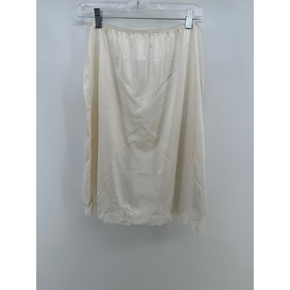 Vintage Ivory Satin Half Slip Skirt Lace Trim Back Slit Cream M L